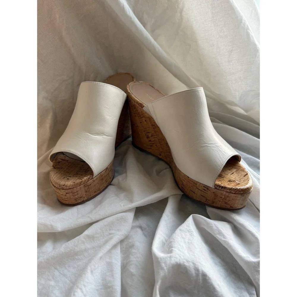 Stuart Weitzman Cream Leather Cork Platform Wedge Mules SH378 Size 9B - Picture 2 of 9